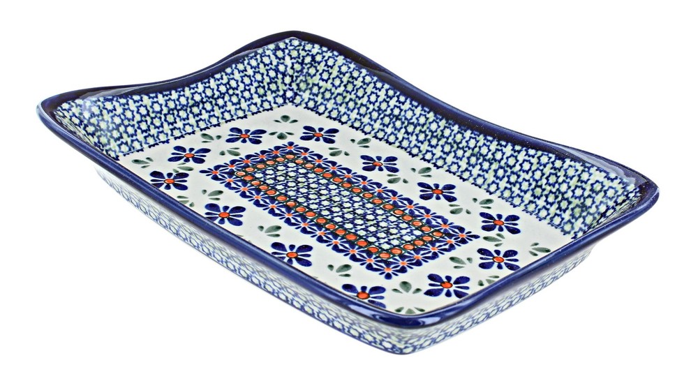 Blue Rose Polish Pottery Mosaic Flower Large Rectangular Tray