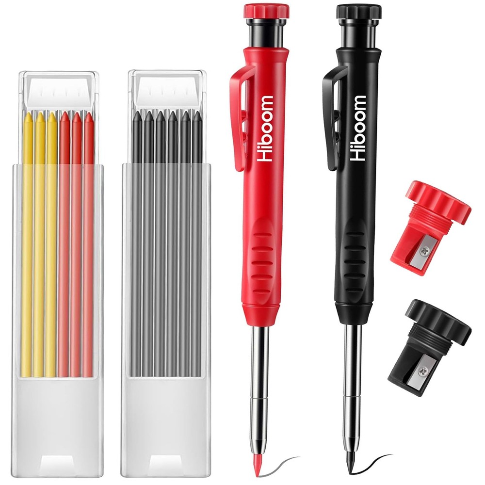 2 Pack Solid Carpenter Pencil with 14 Refill, Long Nosed Deep Hole Mechanical...