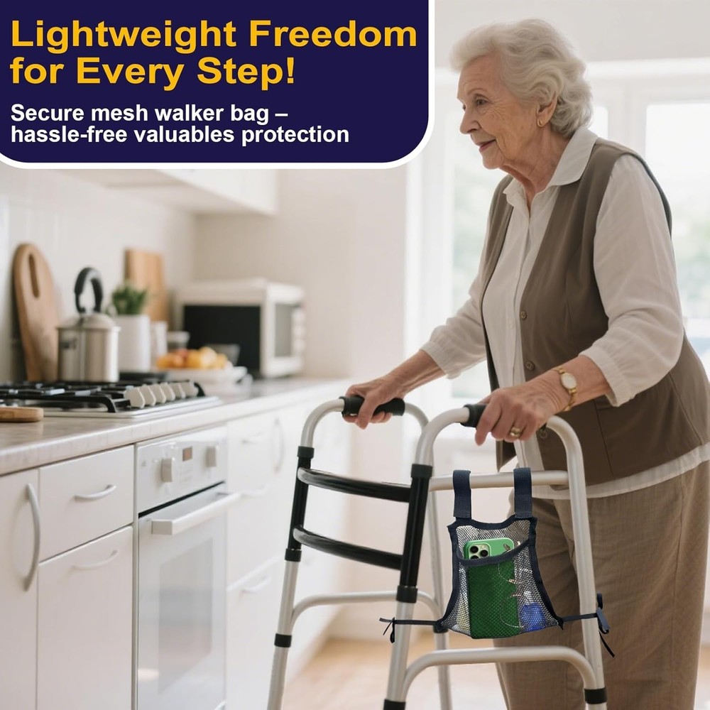 Lightweight Walker Side Bag Mesh Organizer for Essentials - Easy Attach Black