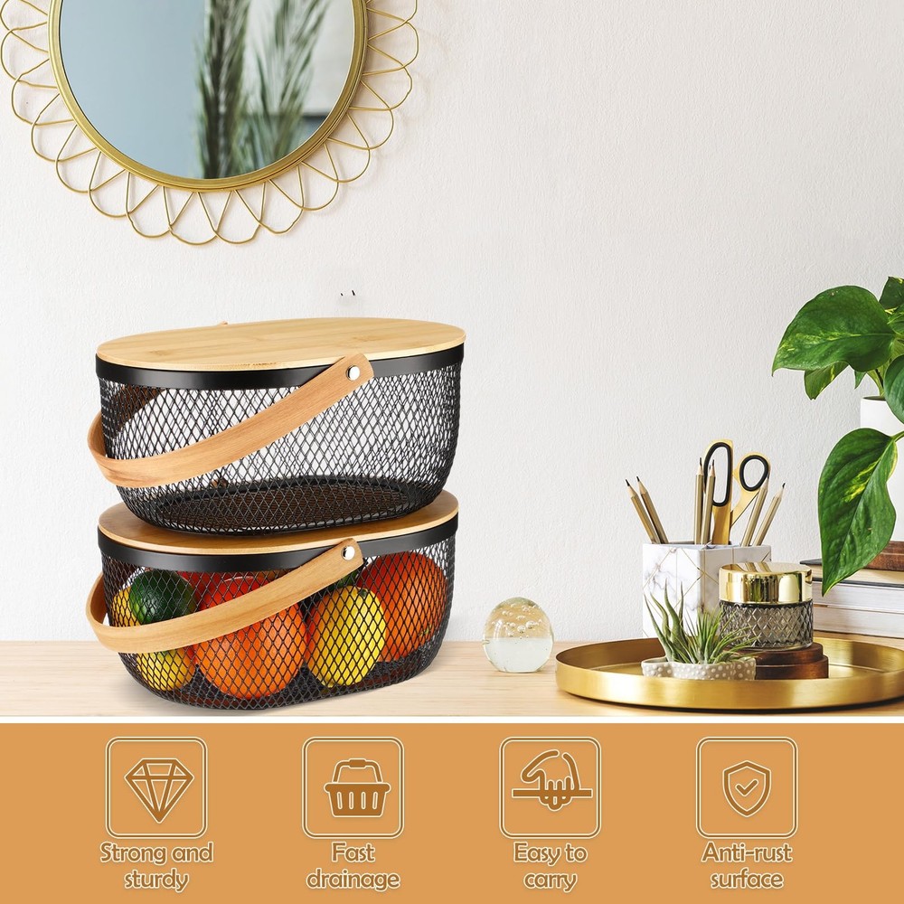 4 Pcs Stackable Metal Mesh Fruit Basket with Lid Oval Wire Mesh Storage Baske...