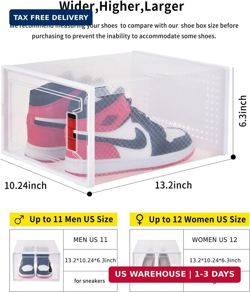 X-Large Plastic Clear Shoe Storage Boxes Stackable 12 Pack Fit Size 11, Shoe Rac