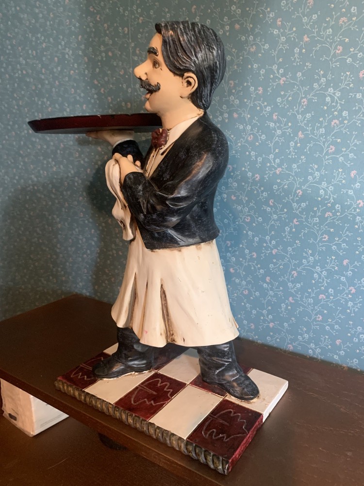 Table Waiter Statue Carrying 9” Serving Tray On Shoulder.
