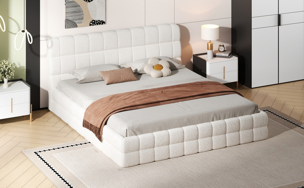 King Size Upholstered Platform Bed, White