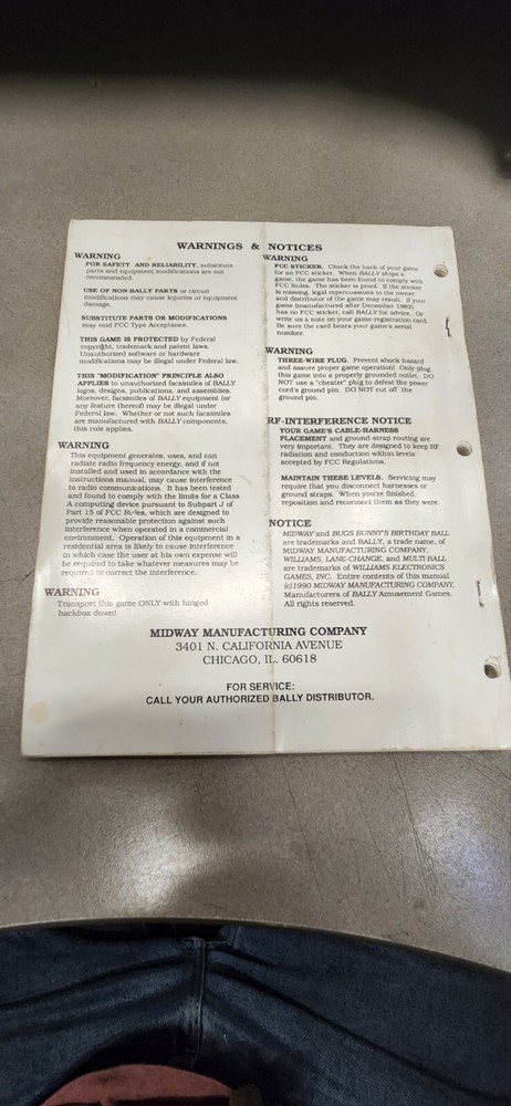 Bally's Bugs Bunny's Birthday Operations Manual