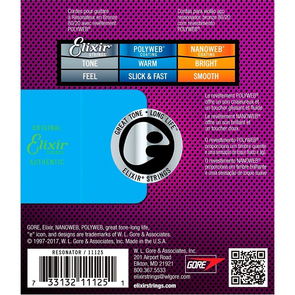 Elixir 11125 Polyweb 80/20 Bronze Acoustic Resonator Guitar Strings, .016-.056