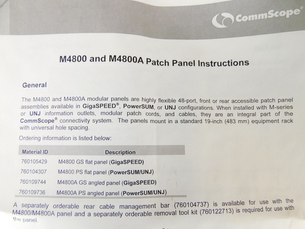 760109736 CommScope M4800A Angled Copper Patch Panel, 48-Port, 1 RU, Black