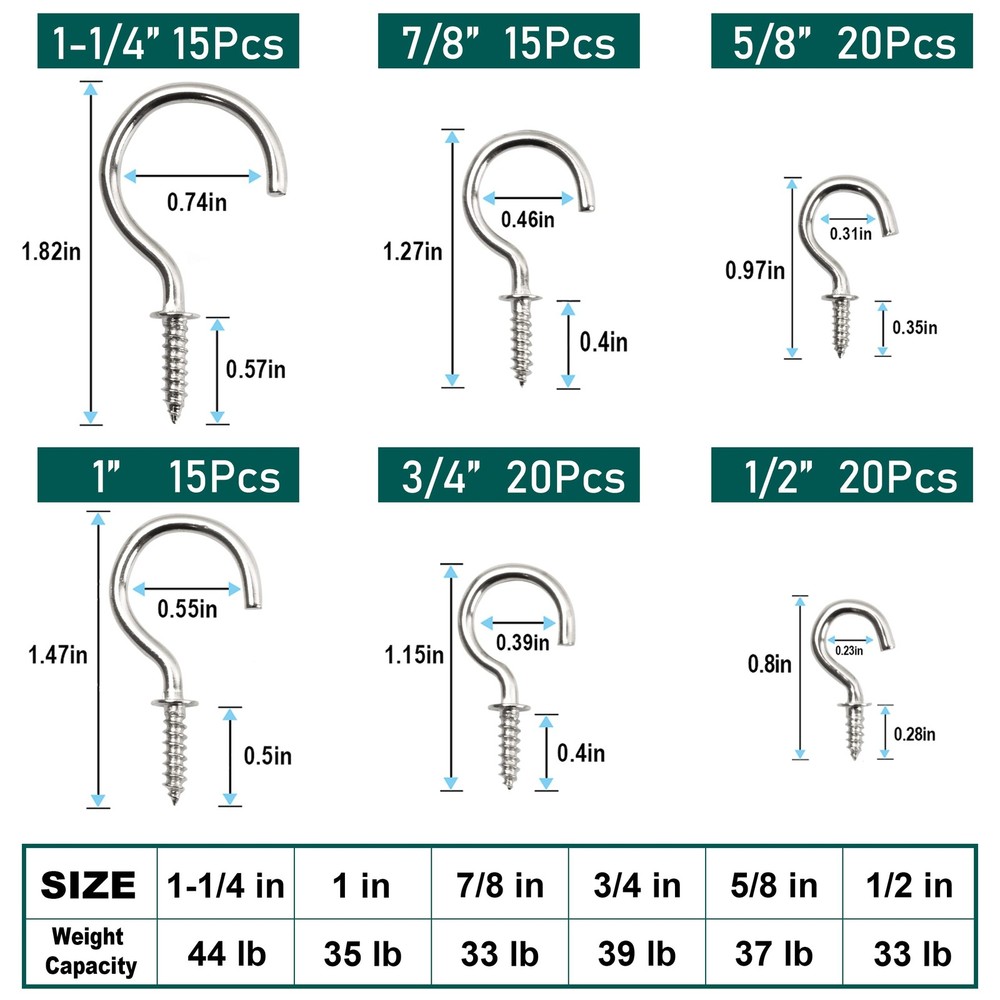 EIENHOSHI 105 Pcs Screw Hooks, 6 Sizes Silver Cup in