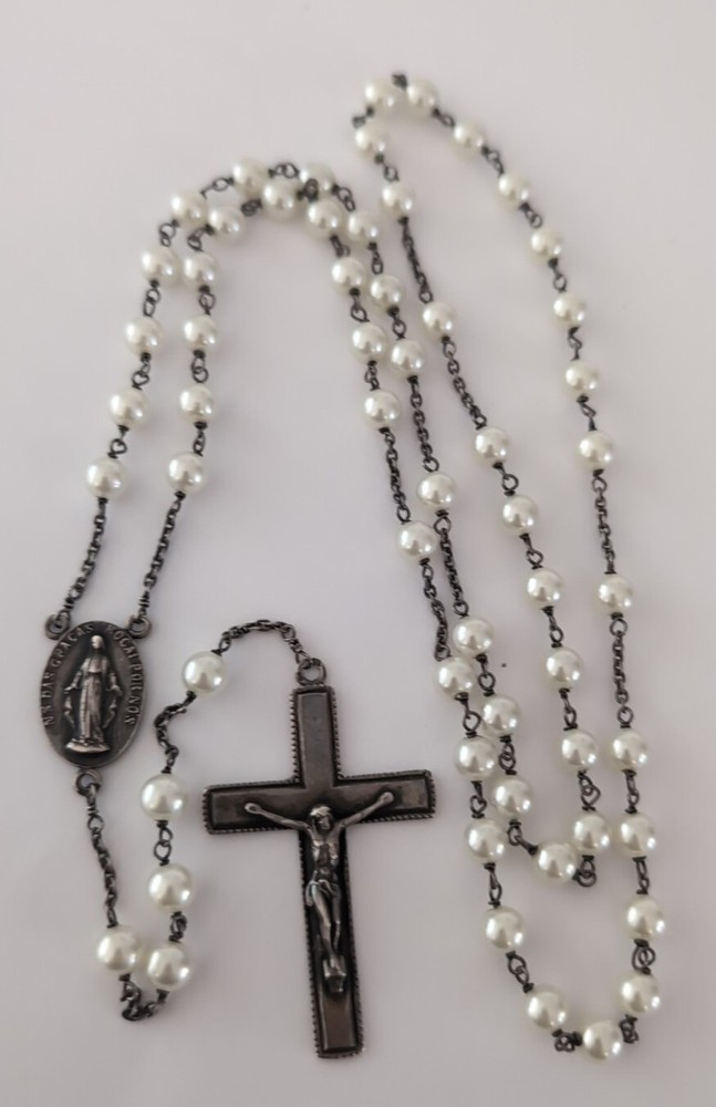 Vintage 835 Silver Pearl Rosary Beads