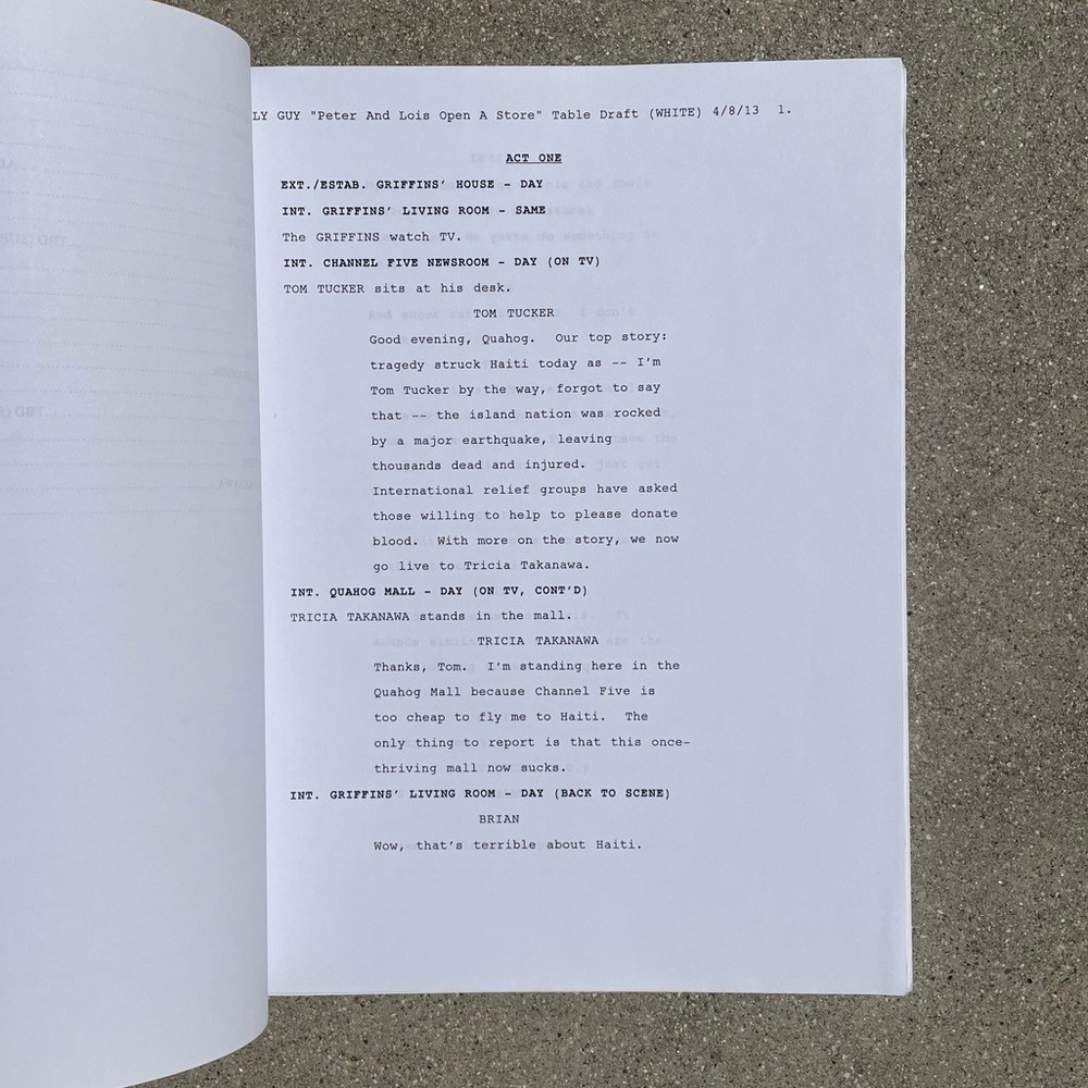 Family Guy 2013 Peter Lois Open A Store aka Baking Bad Used Table Draft Script