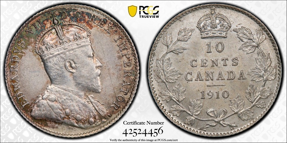 1910 Canada 10 cents PCGS AU55