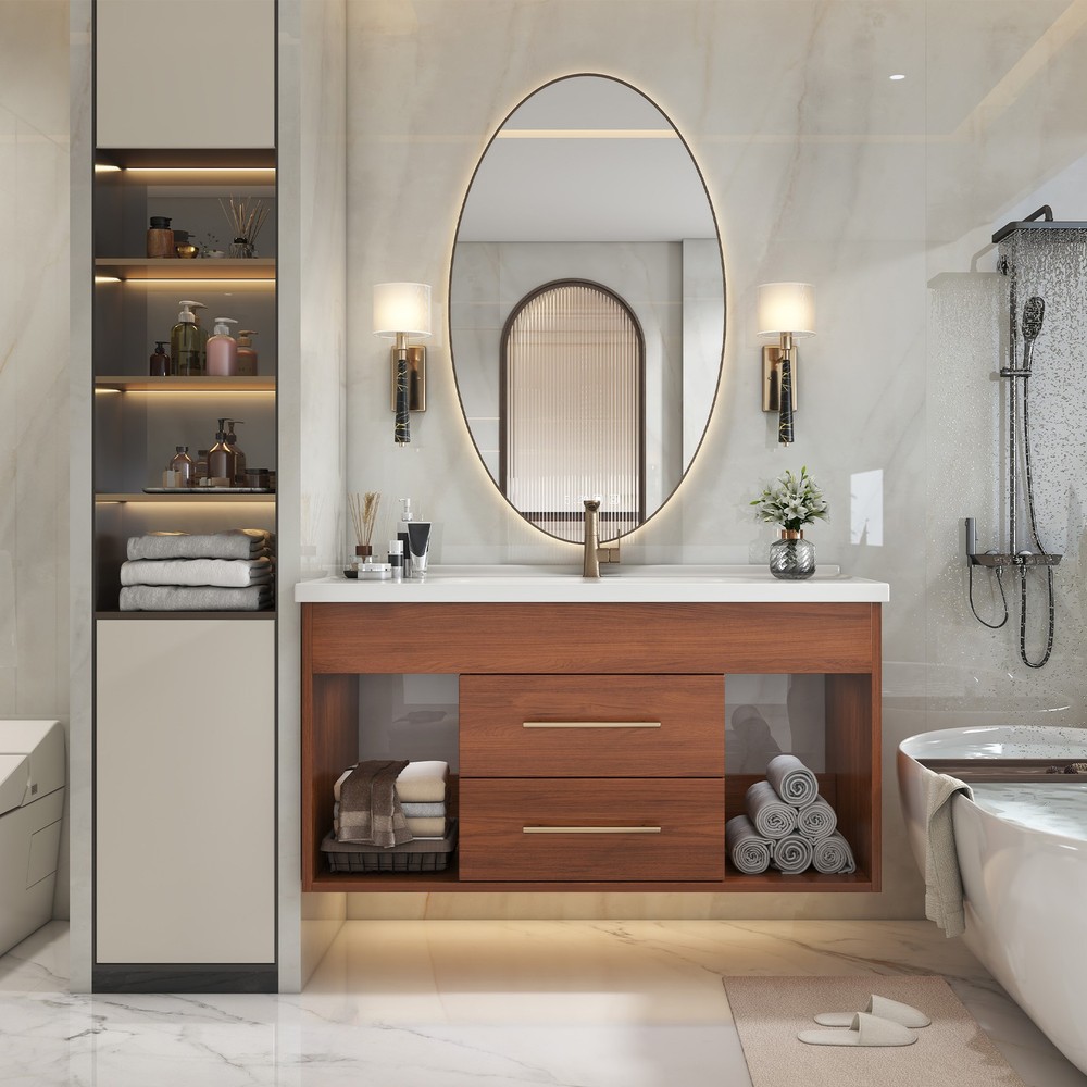 35.4" Bathroom Vanity w/Ceramic Sink Modern Wall-Mounted Storage Cabinet Walnut