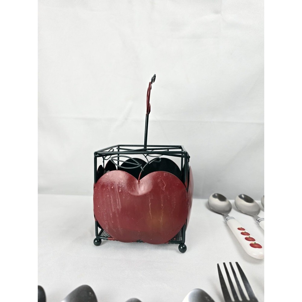 Apple Flatware Set & Holder Farmhouse Fruit Vintage Plastic Handle