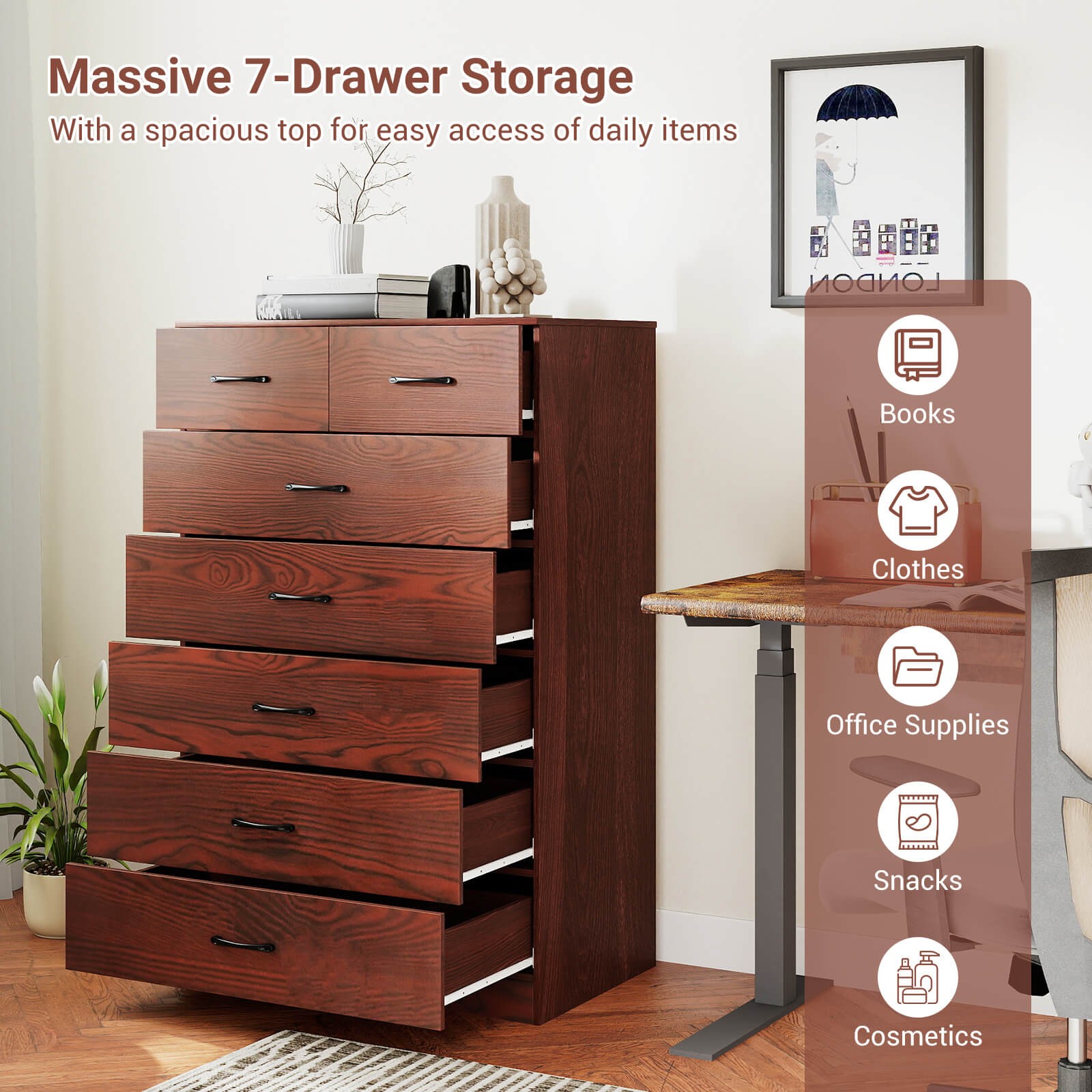 7 Drawers Dresser Wooden Chest of Drawers w/ Metal Handles, Guide Rails Espresso
