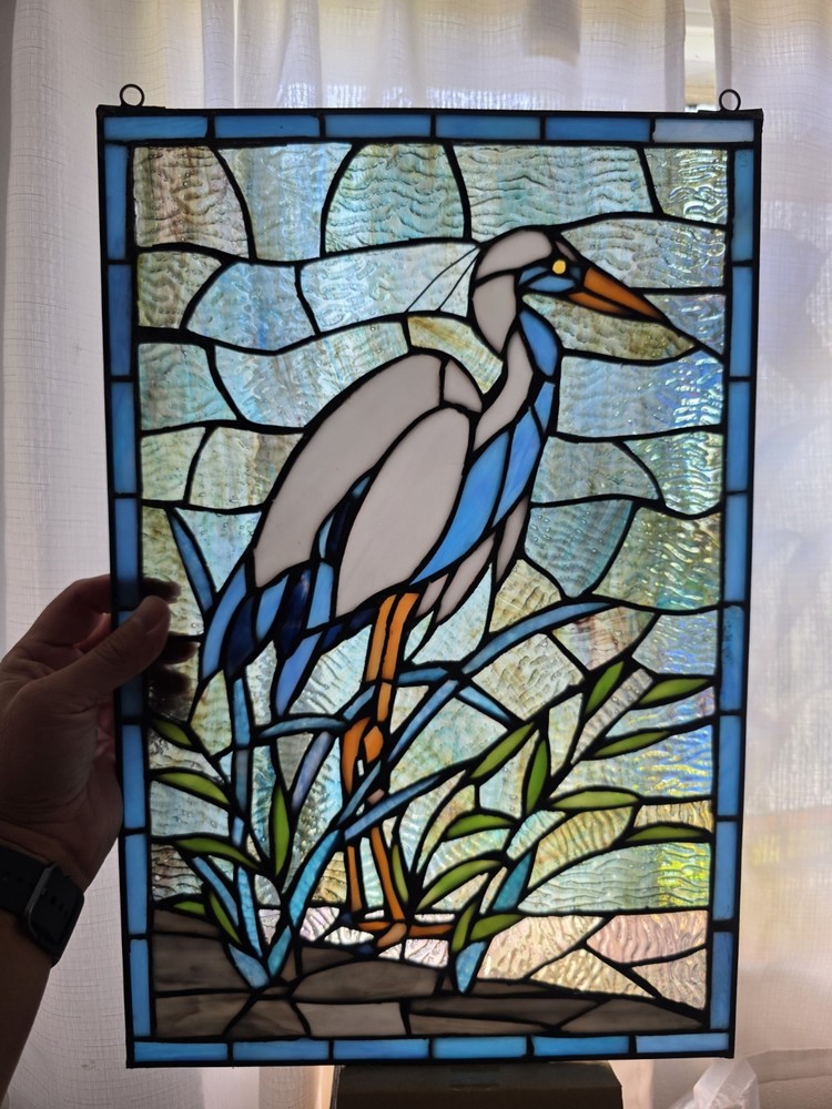 18" White & Blue Crane Stained Glass Window Panel