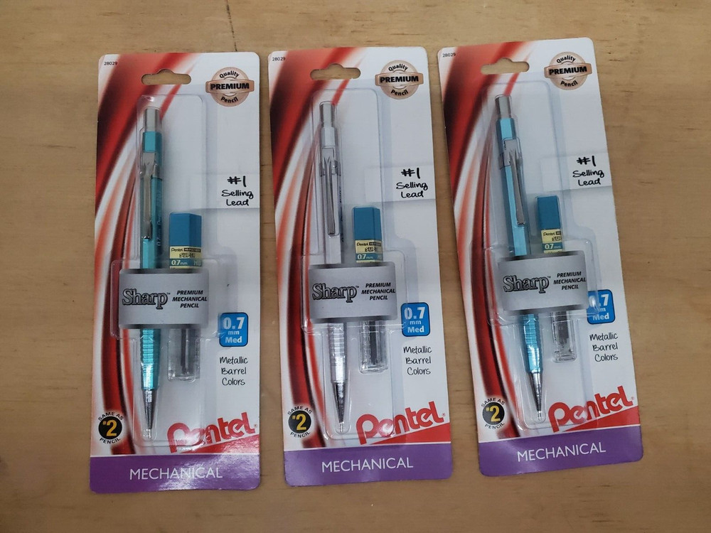 3Pac Pentel Sharp Mechanical Pencil (0.7mm) Metallic Barrels, Light Blue & White