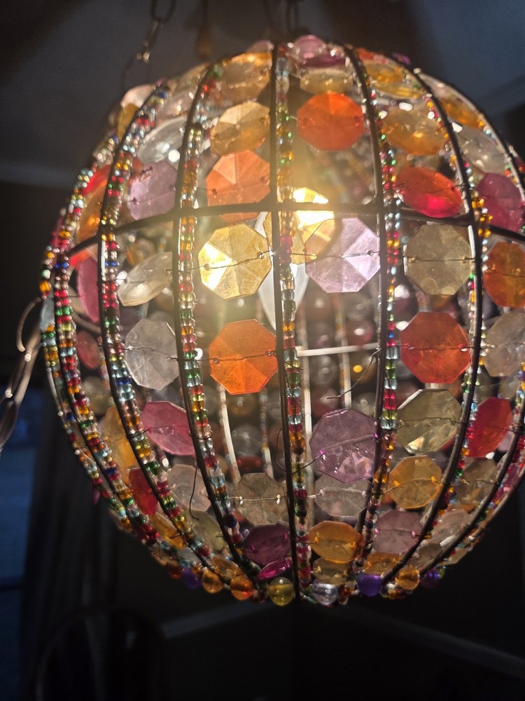 Shabby Chic Boho Hanging Beaded Lamp Shade Light Fixture Working Condition