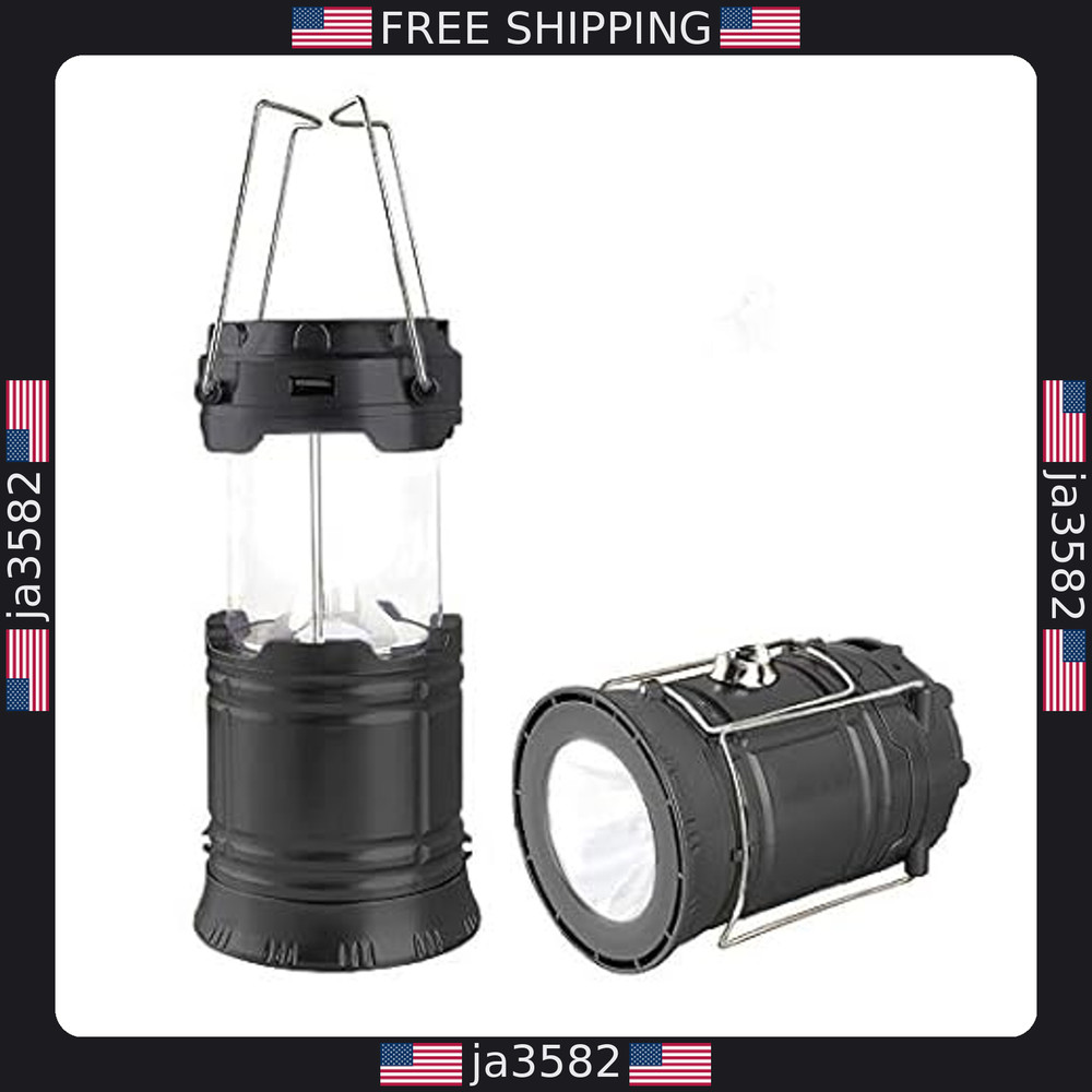 Portable LED Camping Lantern - Solar Rechargeable, Collapsible Light (Black)