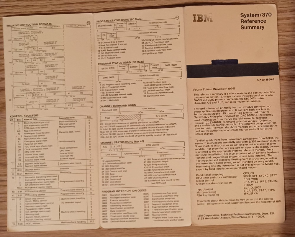 IBM System/370 Reference Summary 1978 Fourth Edition Vintage Mainframe Guide