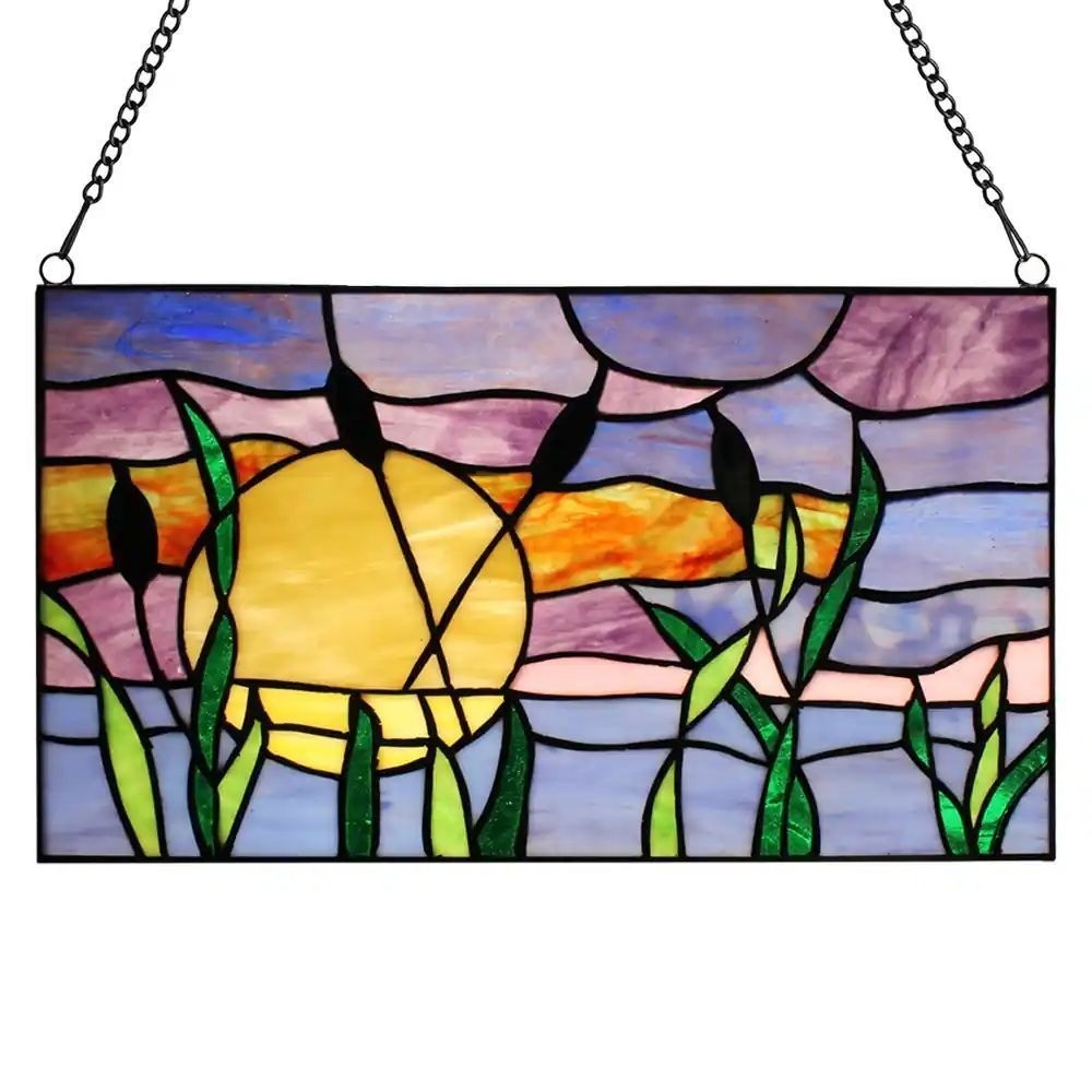 Stained Glass Window Panel Cattails in a Sunset 14inx8in