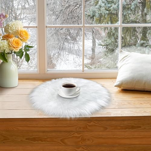 15.7 Inch Mini Small Fur Rug Round, White Plush Fluffy Mini Sheepskin Rug