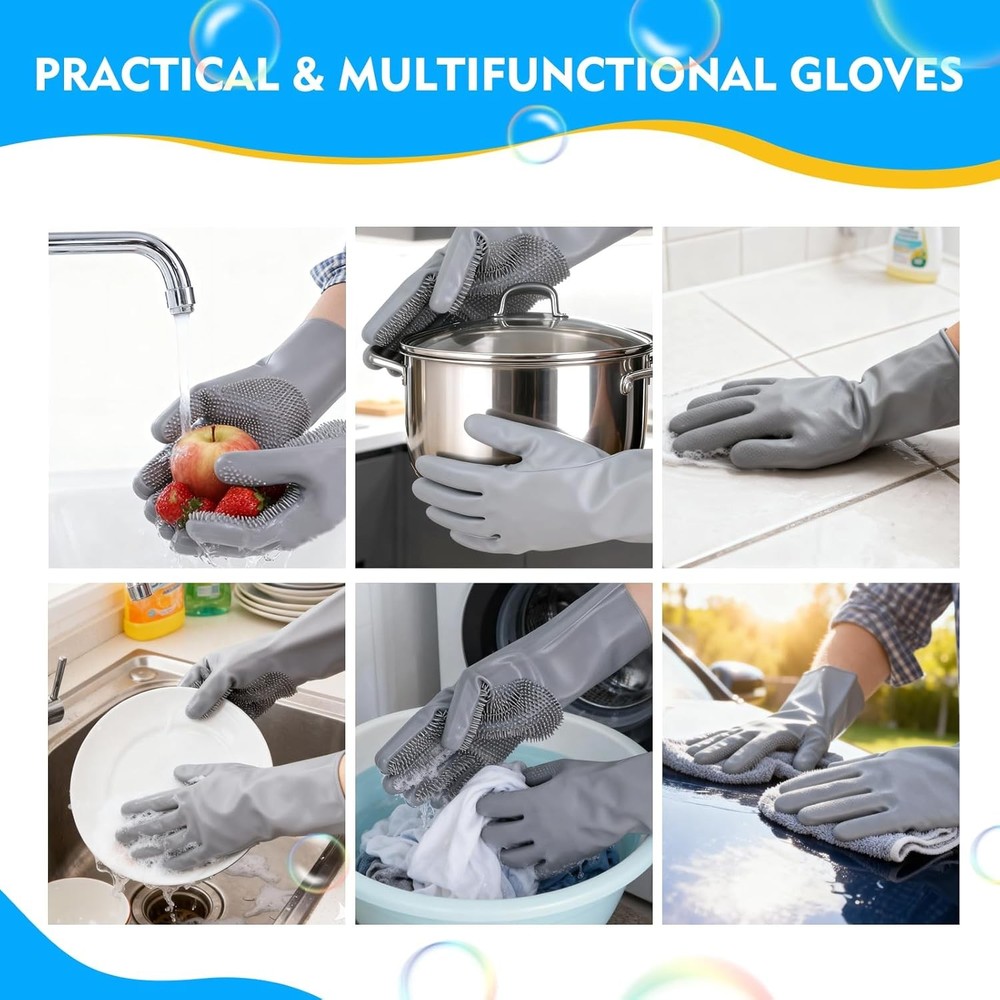 Silicone cleaning gloves with scrubber bristles