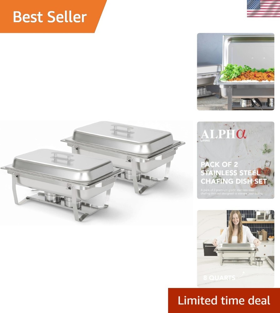 Elegant 8 Quart Stainless Steel Chafing Dish Set with Foldable Frame - 2 Pack