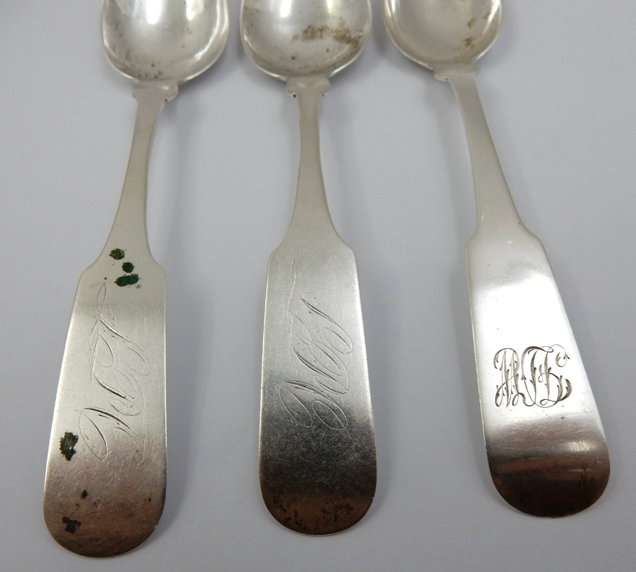 ANTIQUE SET OF THREE .900 COIN SILVER TEASPOONS W/MONO - 44.4 GRAMS TOTAL SCRAP