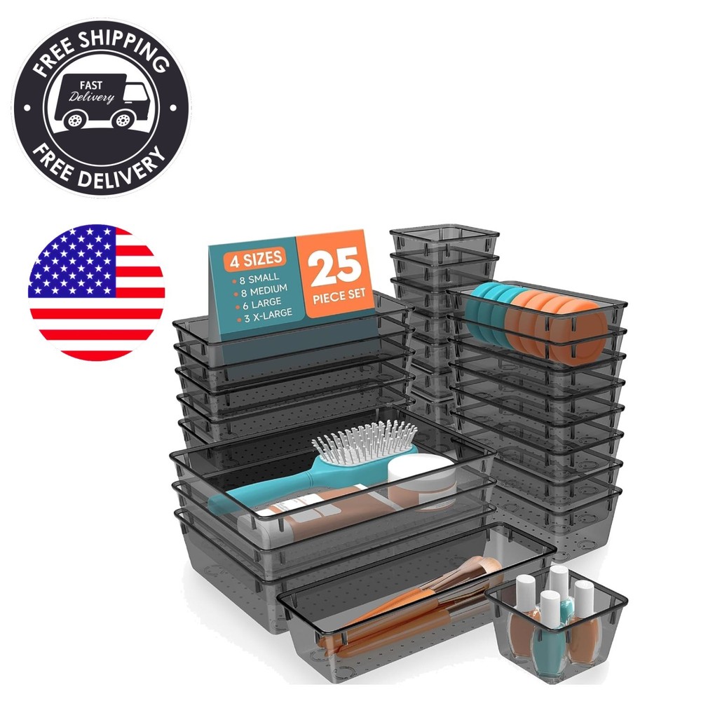 25 PCS Plastic Drawer Organizer Set, 4-Size Versatile Organizer Trays & stora...