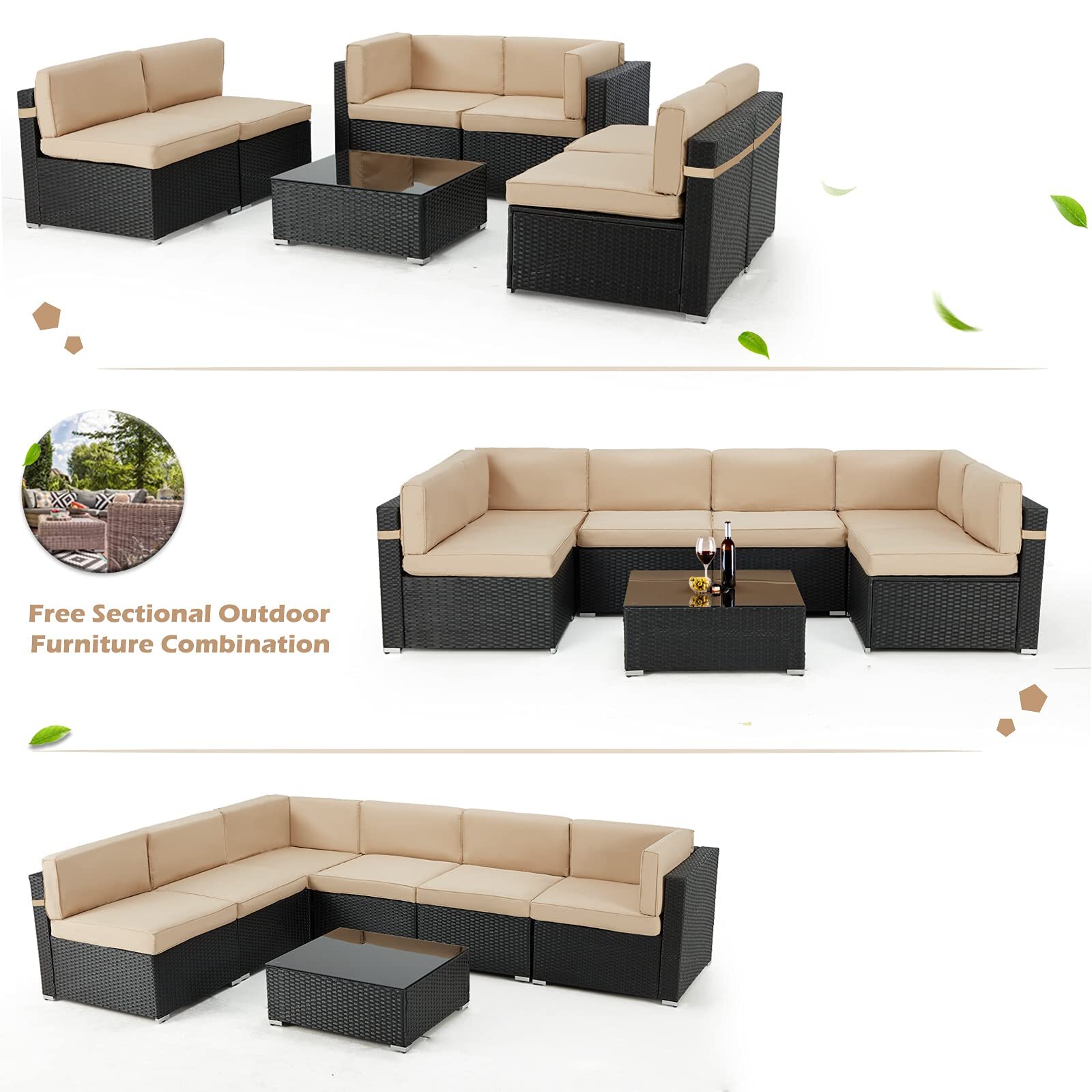 7 Pieces Patio Sofa Set PE Rattan Outdoor Furniture Sectional Conversation Sofas