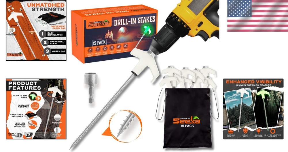 Multi-Purpose 8" Drill-In Tent Stakes - 15-Pack with Hex Driver & Storage Bag