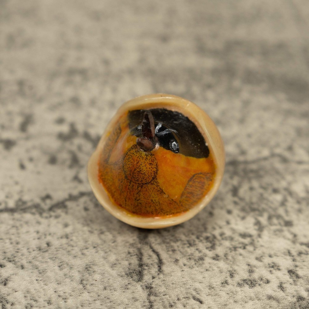 Orange Seed Eater Bird Emerging From Egg Tagua Carving