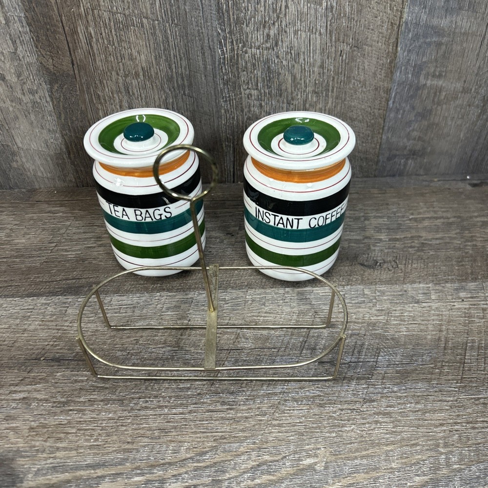 Really Cute Tea And Instant Coffe Ceramic Jars W/ Wire Carrying Cady