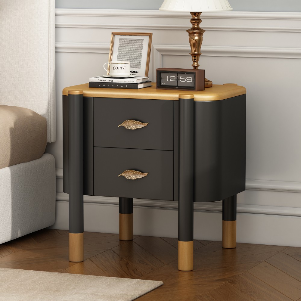 Bedside Table with Two Drawers Featuring metal feather handles Exposed legs