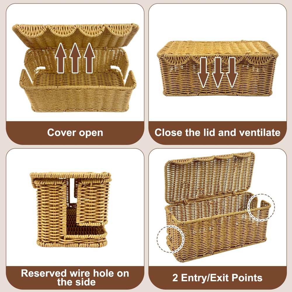 Scalloped Edge Handmade Cable Management Box, Elegant Plastic Rattar Cable Or...
