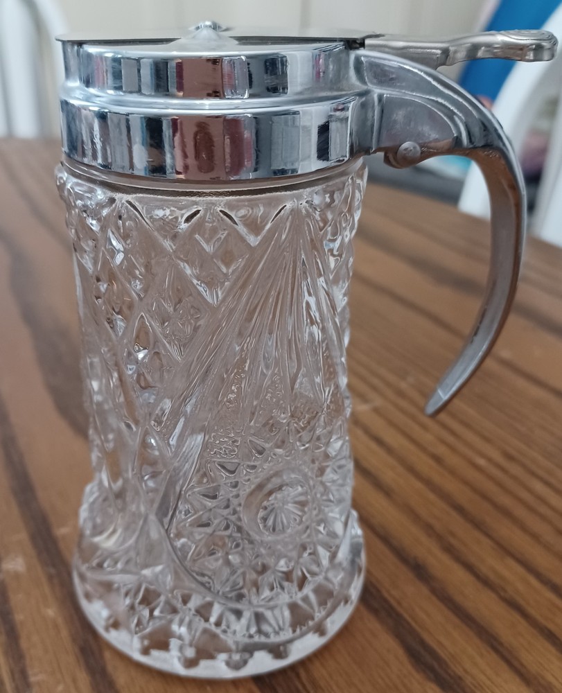 Crystal Glass Syrup Pitcher With Chrome Plated Lid