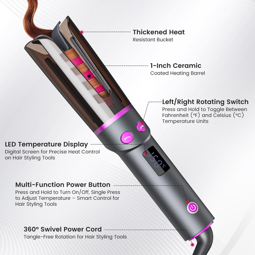 Negative Ion Automatic Rotating Curling Iron – Smart Tangle-Free, Dual Voltag...