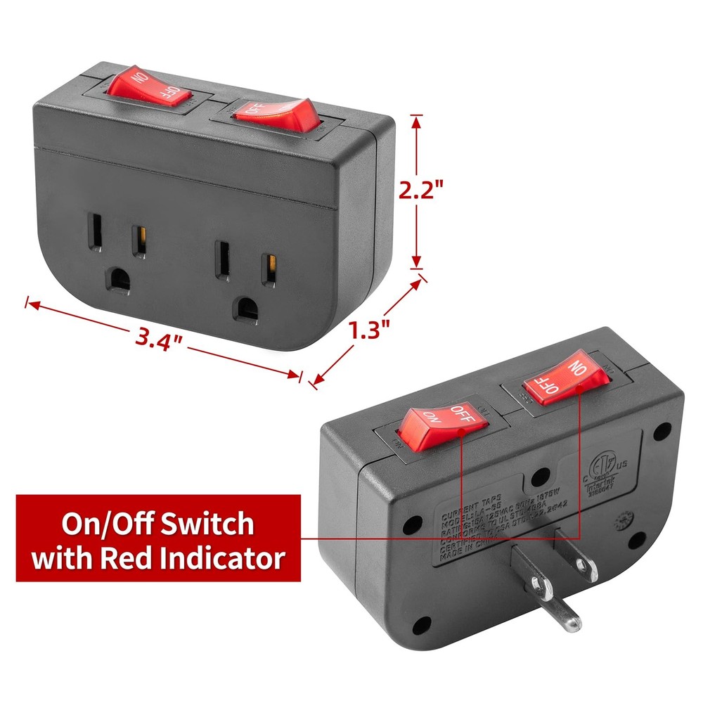 Grounded Outlet with On Off Switch, Double Port Electrical Plug Black