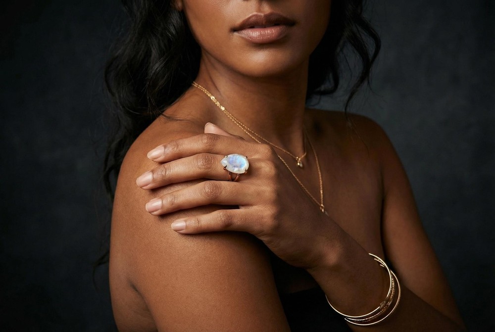 Rainbow Moonstone Ring Anemone 925 Silver Pear Shape Teardrop Gem