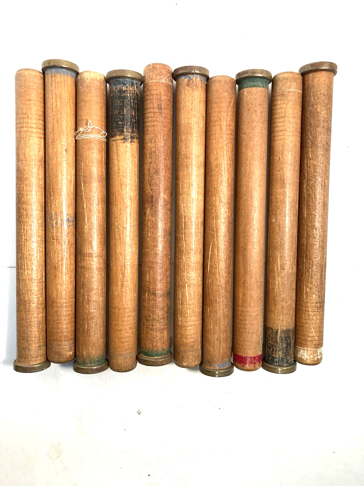 Wood Textile Spools, 8.75" CYLINDER, Industrial Bobbins, Primitive, lot of 10