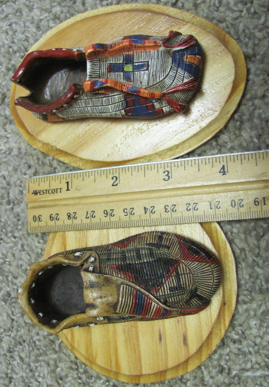 Beautiful Wood Carved Canoe and (2) Native American Moccasins