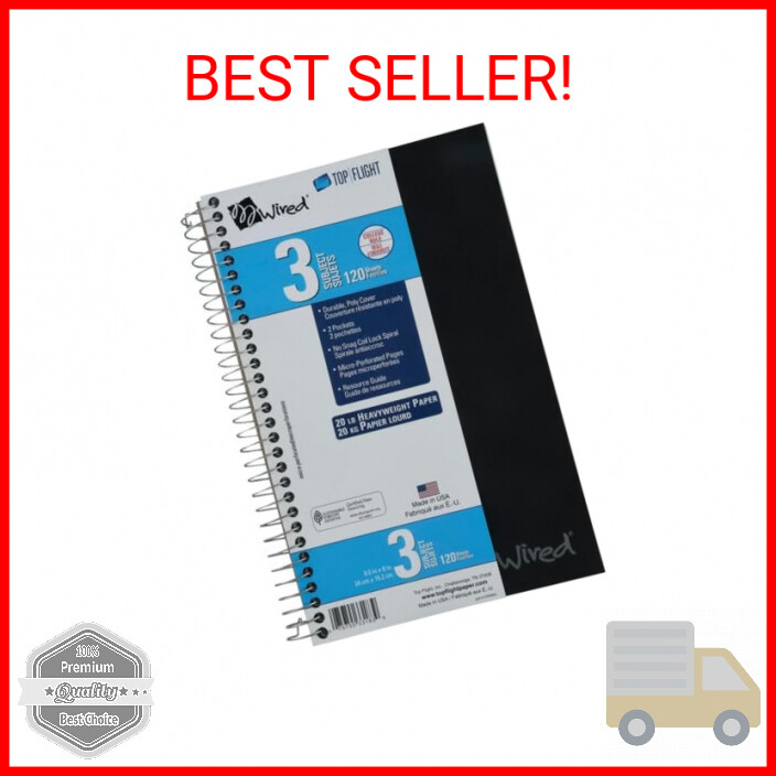 Top Flight Wired 3-Subject Notebook, 120 Sheet