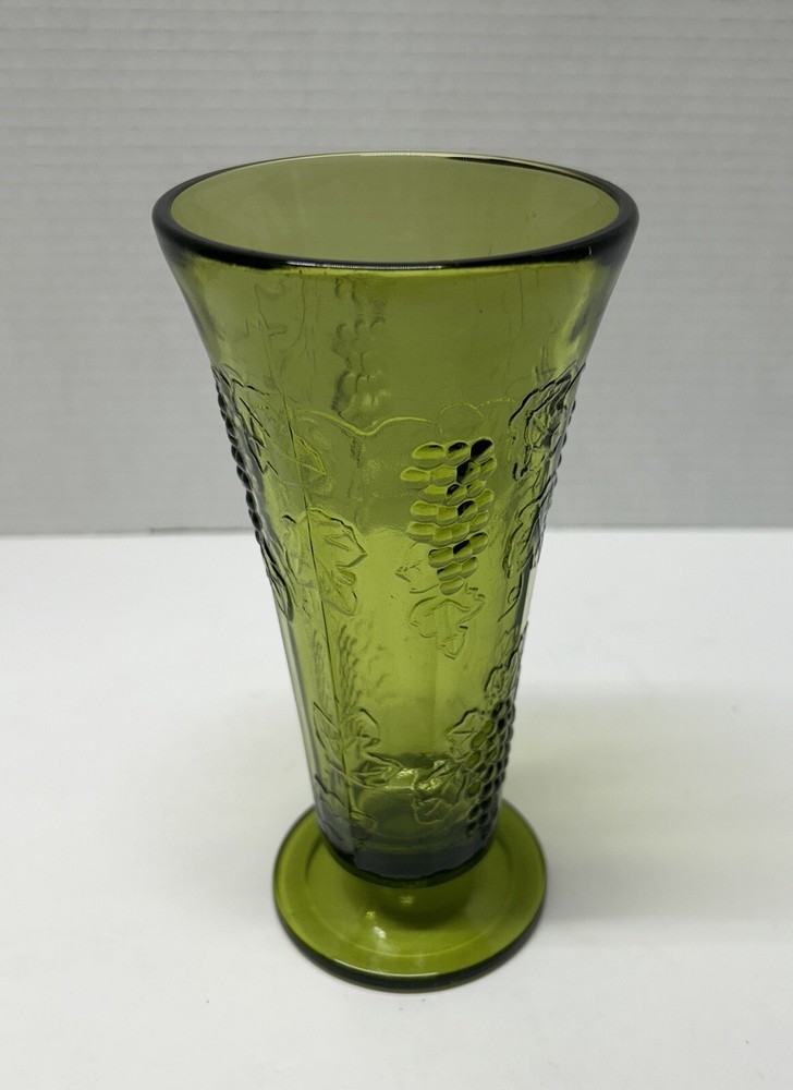 Vtg Green Indiana Glass Vase Grape and Leaf Pattern Design - EUC