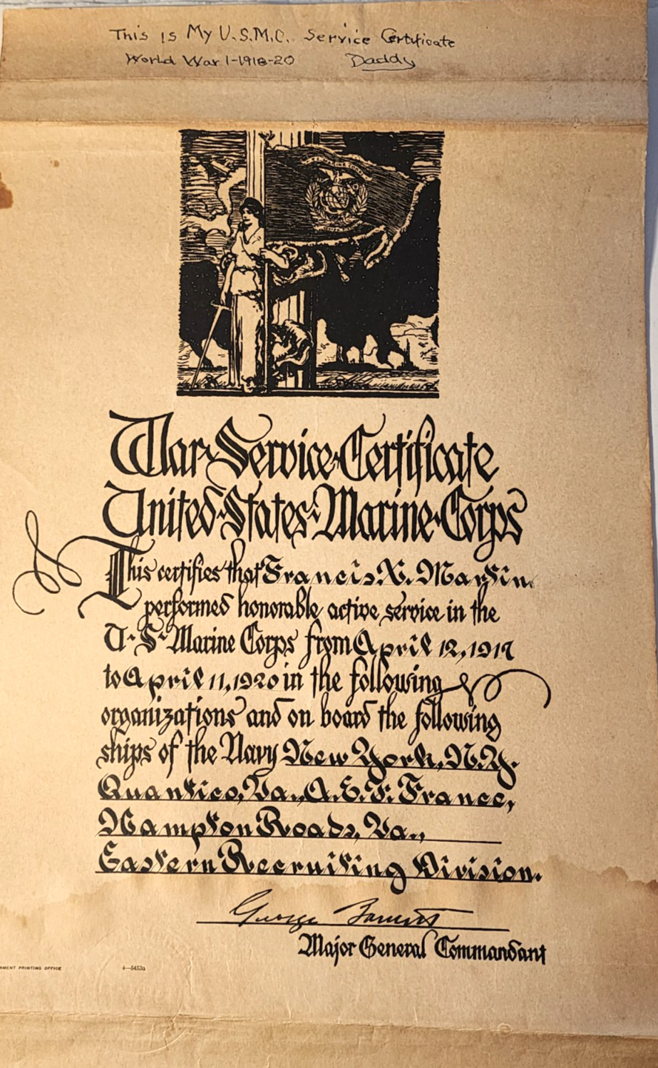 WWI 1918-20 USMC MARINE CORPS SERVICE CERTIFICATE AEF FRANCE