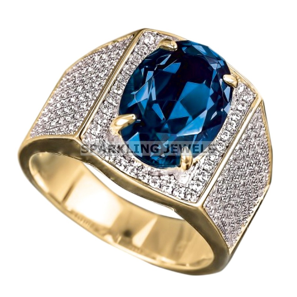 Lustrous Blue Topaz Oval Cut With 14K Solid  Gold  Ring For Men #C163