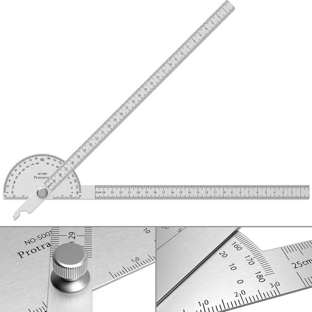 Forogore Stainless Steel Protractor 180 Degrees Two Arm Ruler Adjustable Angle P