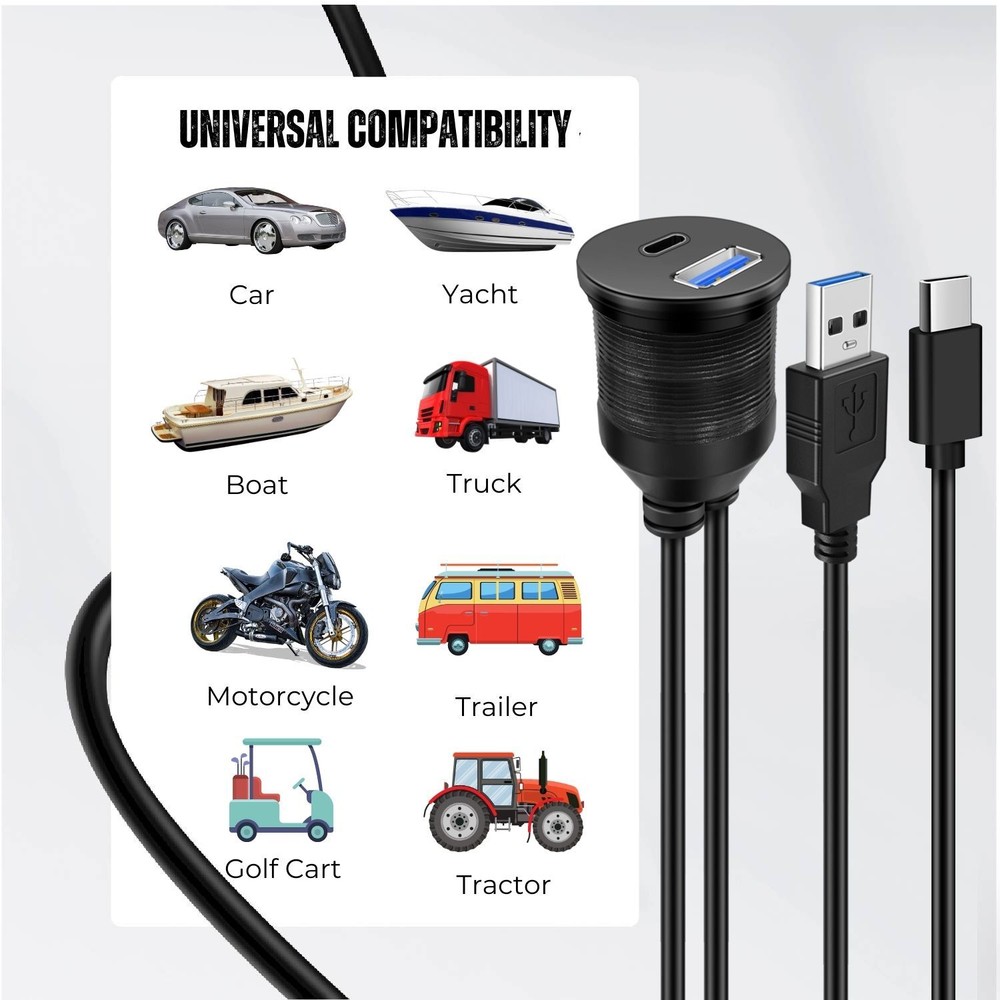 USB C + USB 3.0 Flush Mount Extension Cable for Car Dashboard Dash Panel 6ft 2M