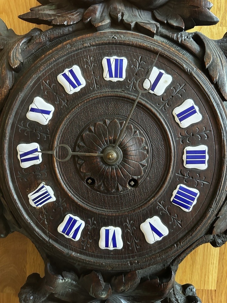 LARGE BLACK FOREST wood carving wall clock nuts/berrys theme, MISSING Pendulum