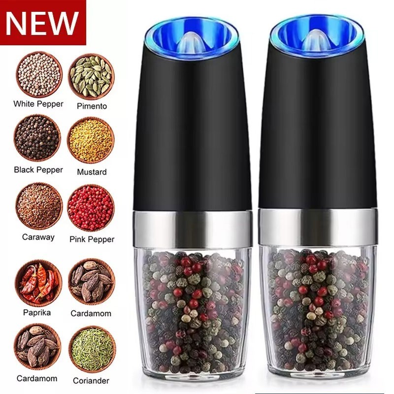 2 Pack Gravity Electric Salt and Pepper Grinder Mill Shaker Adjustable Automatic