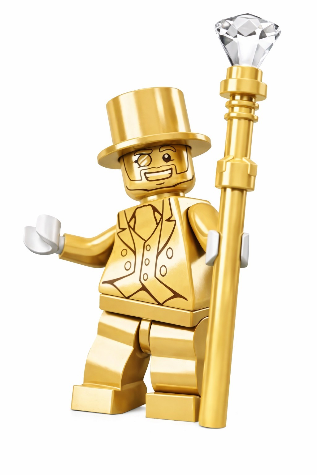 Custom Mr Gold Minifigure with Staff - Shiny Gold Minifig