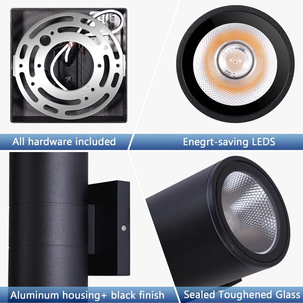 2-Pack Dimmable Black LED Up Down Outdoor Wall Light,Energy-Saving Waterproof